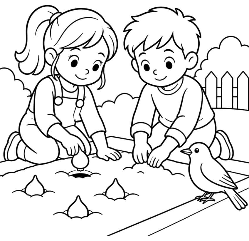 Mädchen und Junge knien am Beet, pflanzen Blumenzwiebeln, daneben ein Vogel, Zaun und Büsche
