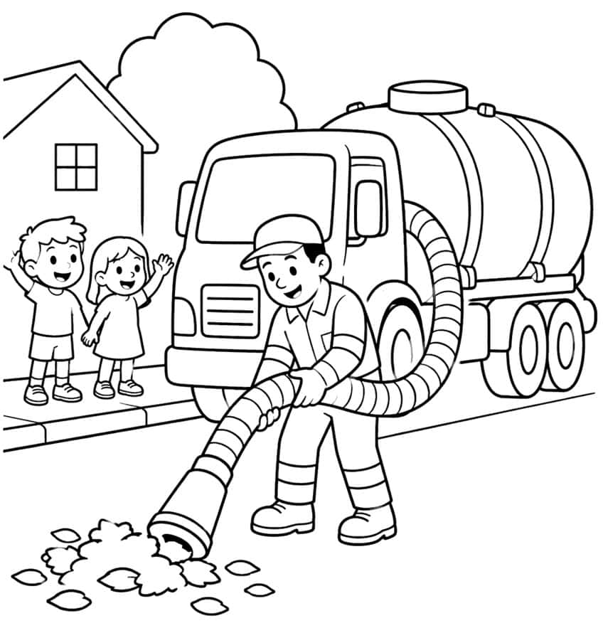 Tankwagen mit Saugschlauch, Arbeiter, zwei winkende Kinder, Laubhaufen, Haus