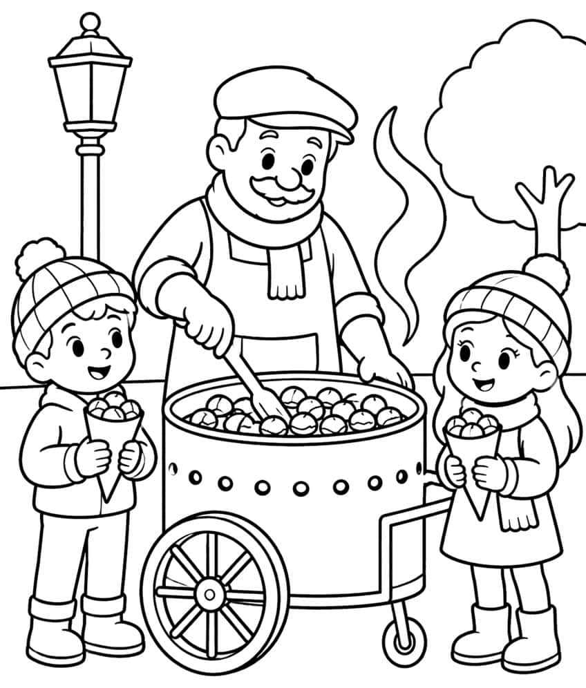 Maronibrater mit Wagen, Junge und Mädchen mit Maronentüten, Laterne und Baum