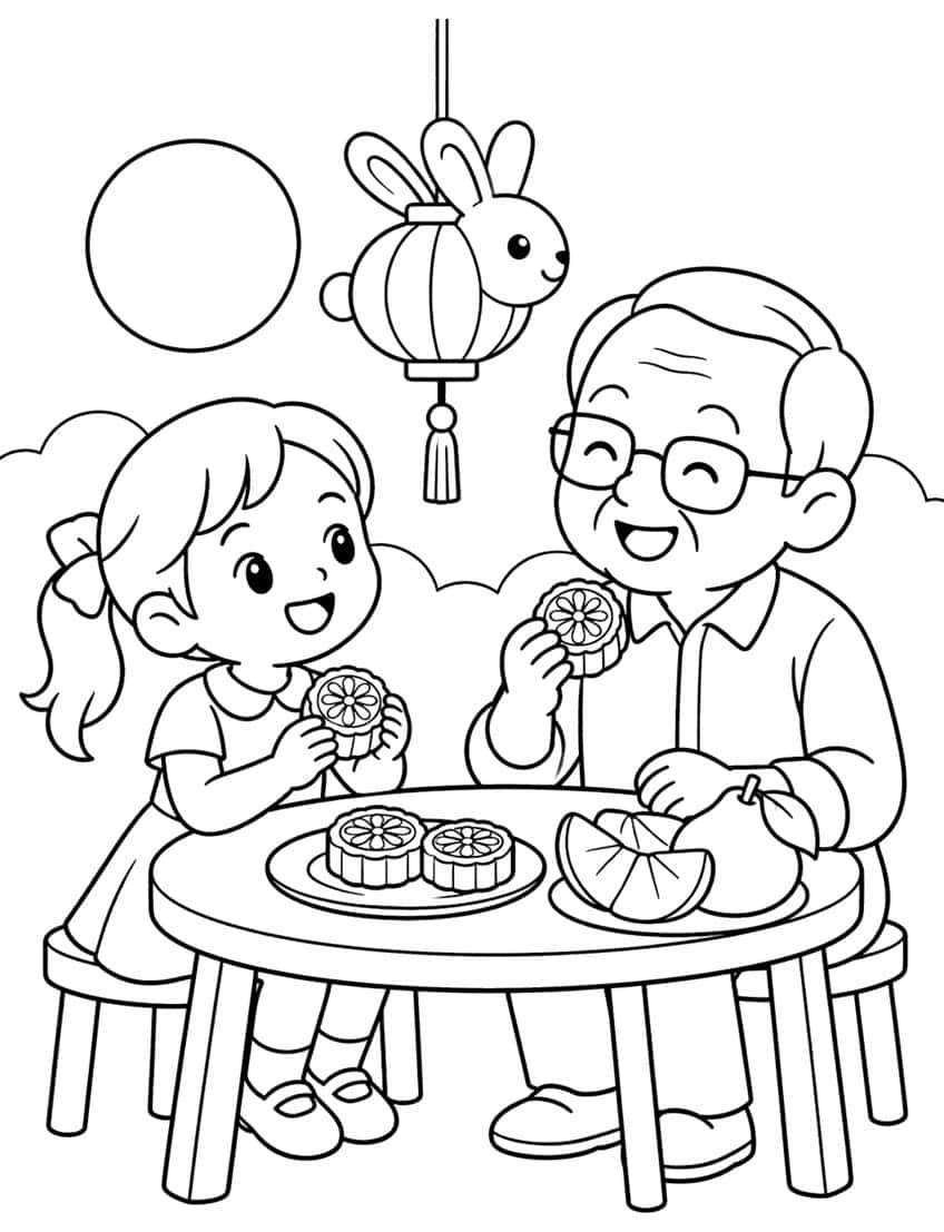 Mädchen und Großvater am Tisch mit Mondkuchen, Hasenlaterne und Vollmond