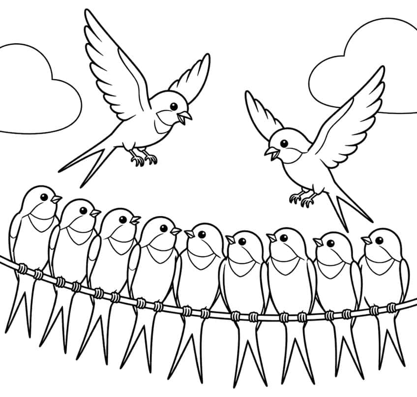 Neun Schwalben auf einem Draht, darüber zwei fliegende Schwalben und zwei Wolken