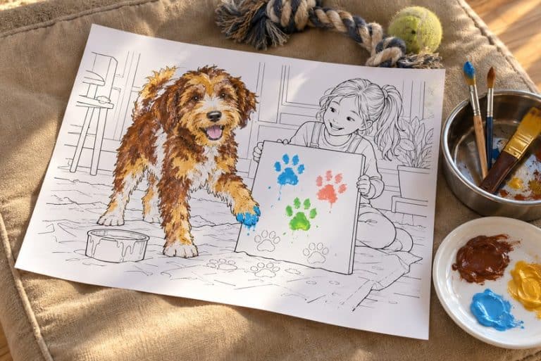hund ausmalbild teilweise mit Buntstiften ausgemalt