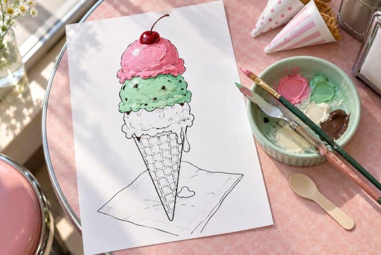 ice cream coloring page partly colored in with pencils