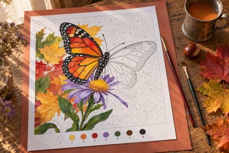malen nach zahlen herbst Vorlage teilweise mit Buntstiften ausgemalt