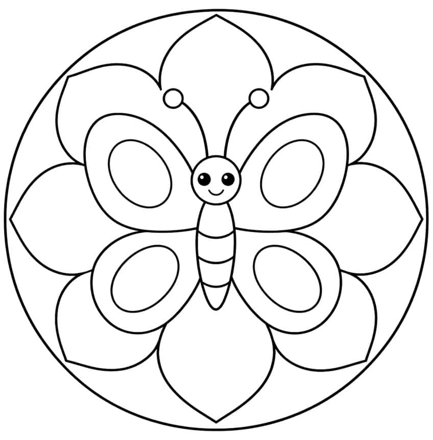 Schmetterling mit vier ovalen Flügelmustern in einem Kreis aus acht Blütenblättern
