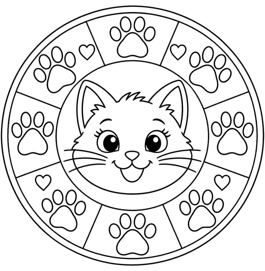 Mandala mit lächelndem Katzengesicht in der Mitte, umgeben von Pfotenabdrücken und kleinen Herzen