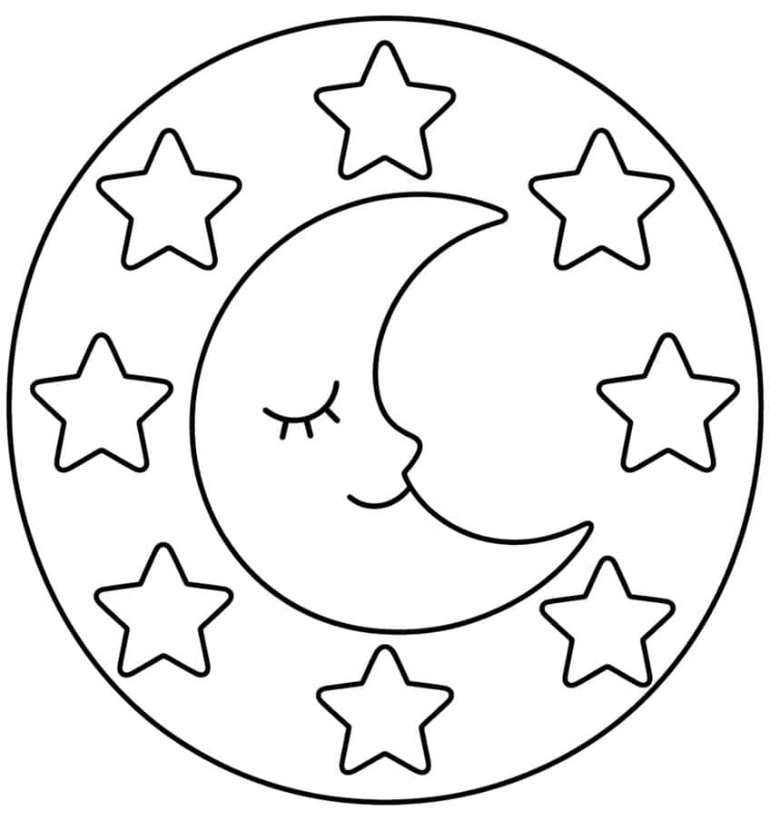 Sichelmond mit schlafendem Gesicht, umgeben von acht Sternen in einem Kreis