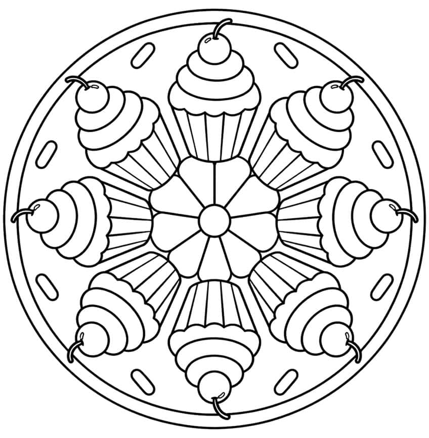 Mandala aus acht Cupcakes mit Kirschen um eine Blüte, außen Streusel und Doppelring