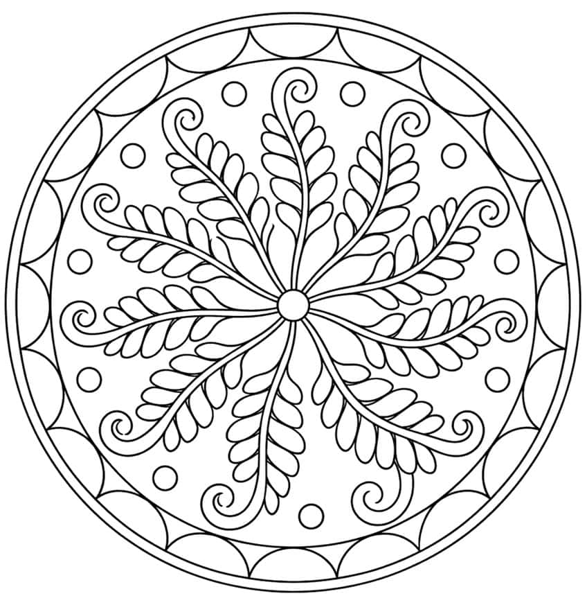Rundes Mandala mit acht Farnwedeln, kleinen Kreisen und einem Bogenrand