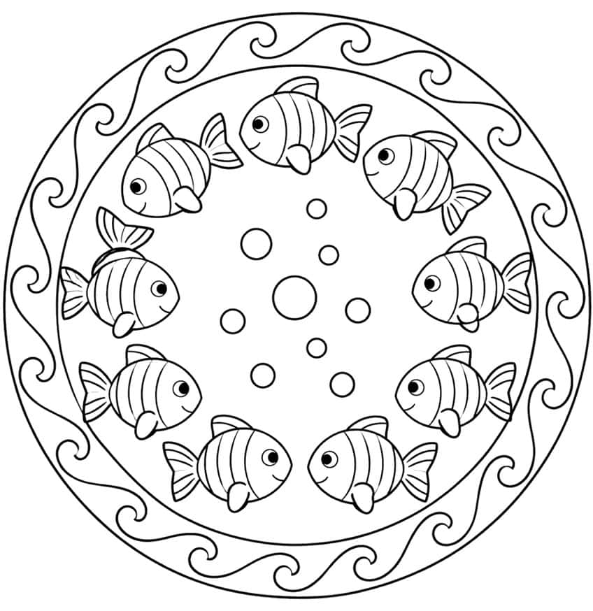 Mandala mit neun Streifenfischen um Luftblasen, außen ein Wellenband