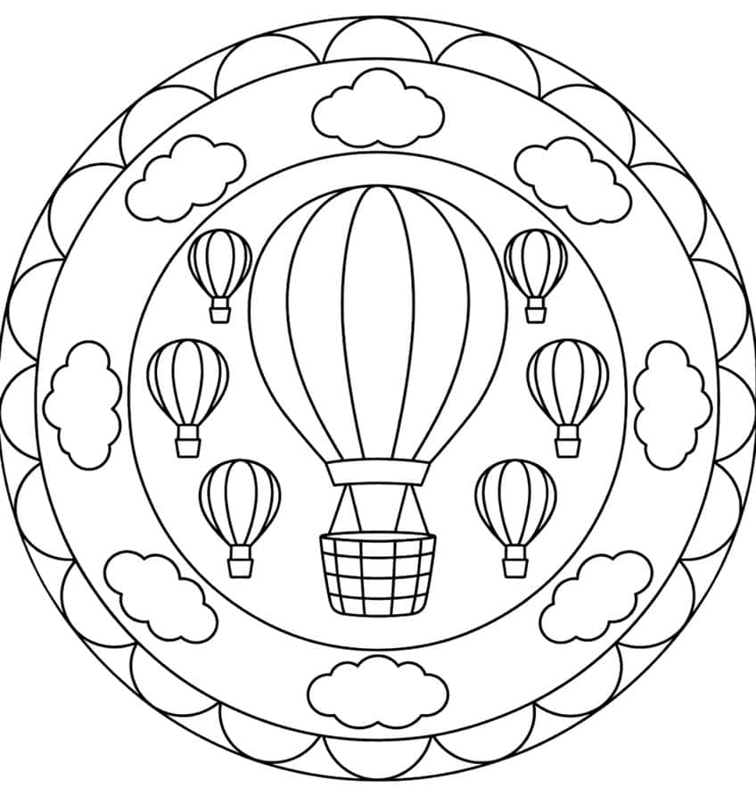 Mandala mit großem Heißluftballon, sechs kleinen Ballons, acht Wolken und Bogenrand