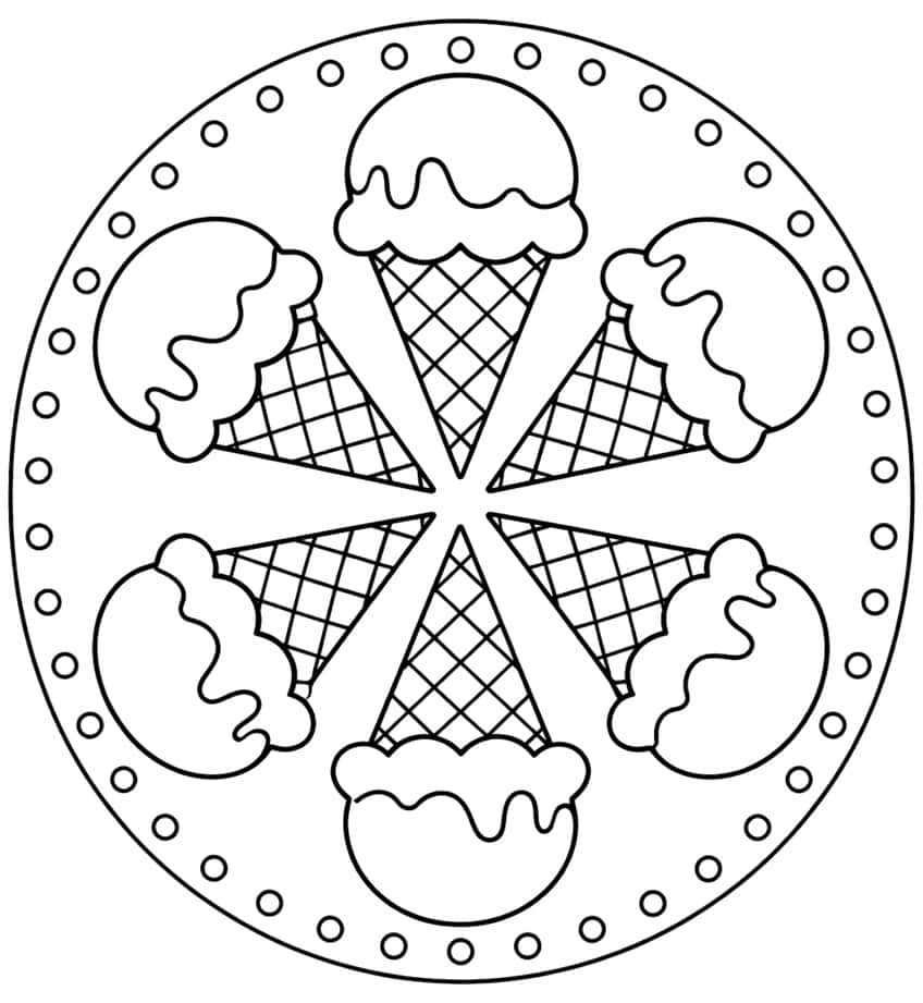 Mandala aus sechs Eiswaffeln mit Rautengitter und Sauce, umgeben von einem Kreisring