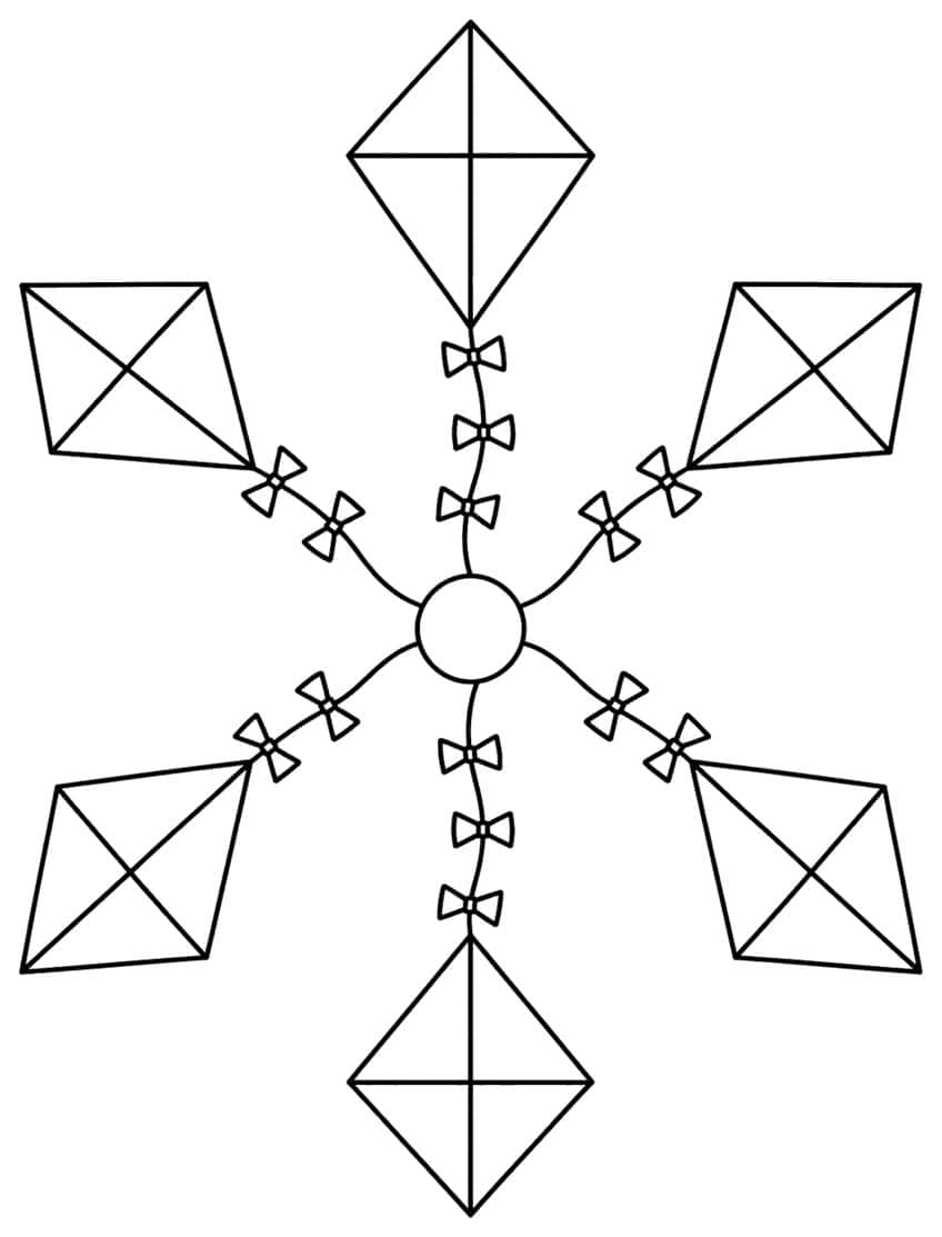 Sechs Flugdrachen mit Schleifenschwänzen um einen Mittelkreis, Schwarz-Weiß-Umriss