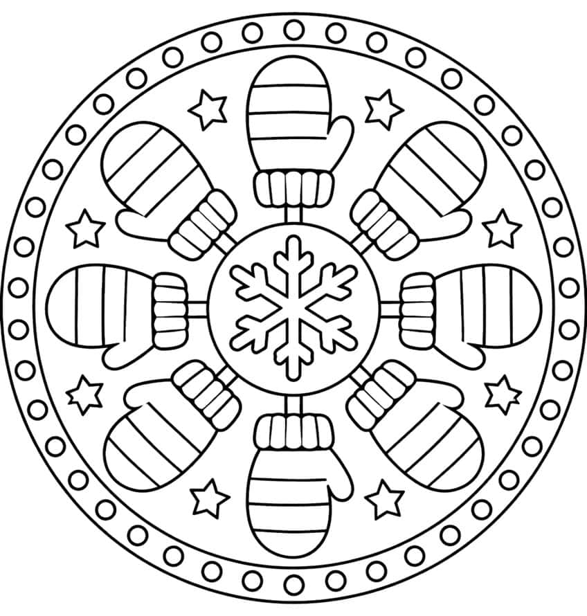 Mandala mit acht gestreiften Fäustlingen, Schneeflocke in der Mitte, acht Sternen und Kreisring
