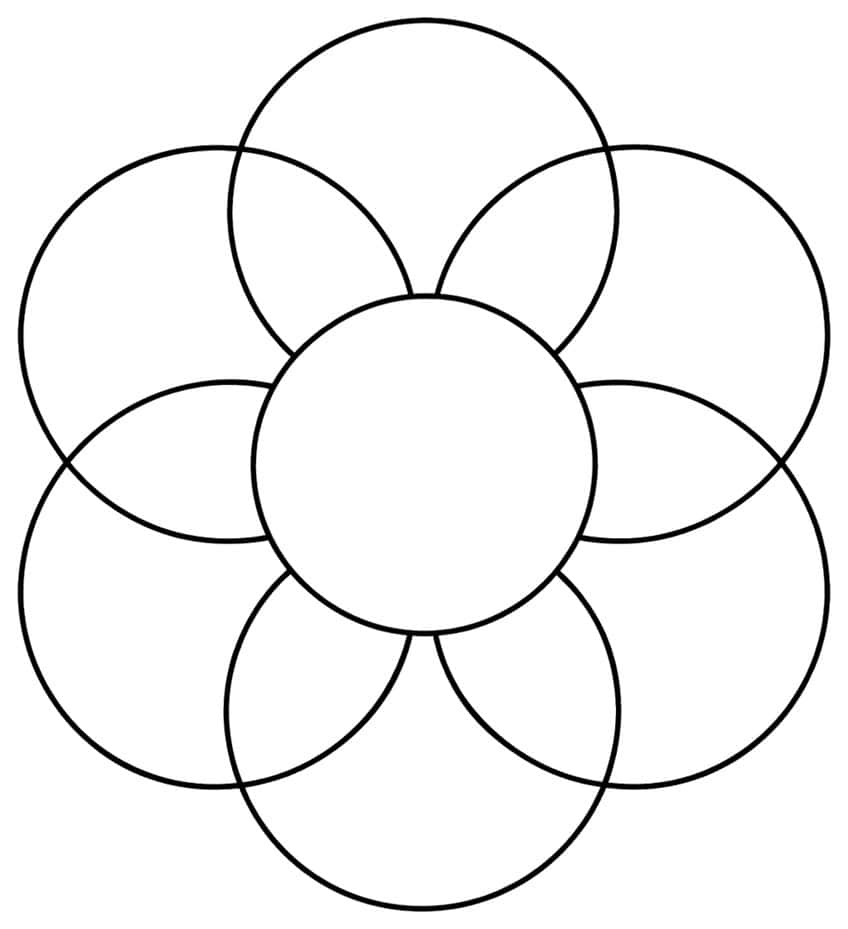 Mandala aus sechs überlappenden Kreisen um einen Mittelkreis, nur Umrisslinien