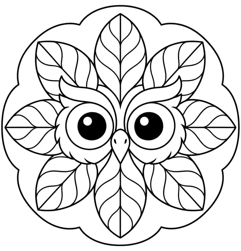 Mandala mit Eulengesicht in der Mitte, umgeben von acht Blättern und einem gewellten Rand
