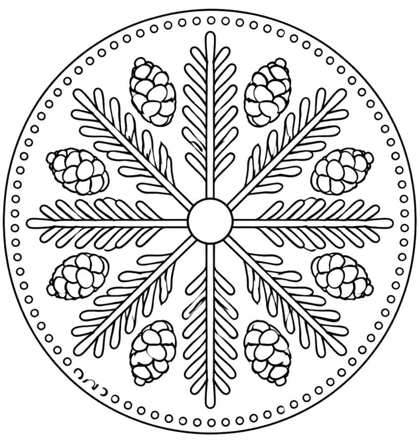 Kreismandala aus acht Tannenzweigen und acht Zapfen mit Punktekranz