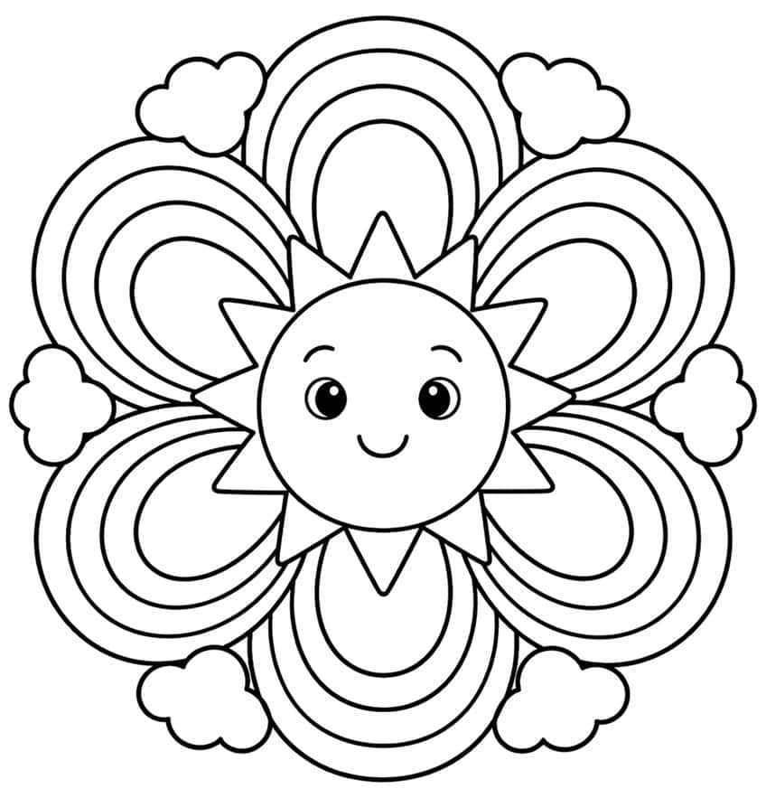 Lachende Sonne mit Strahlen, sechs Regenbogenbögen und sechs Wölkchen als Mandala