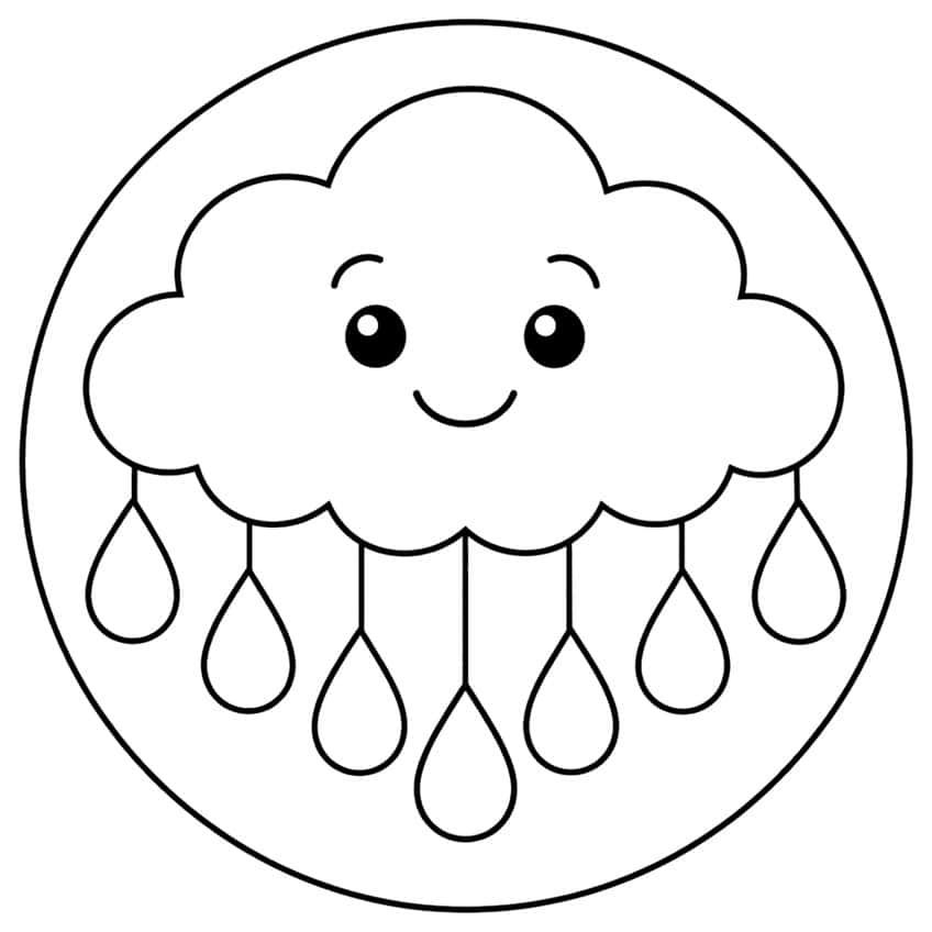Lächelnde Wolke mit sieben hängenden Regentropfen in einem Kreis