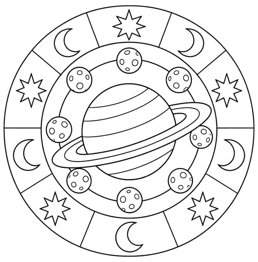 Mandala mit Ringplanet, acht Kratermonden, Sichelmonden und achtzackigen Sternen