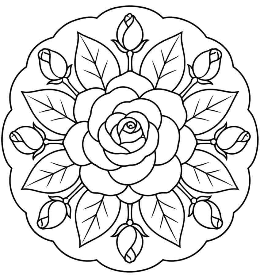 Mandala mit großer Rose in der Mitte, acht Blättern, acht Knospen und gewelltem Rand
