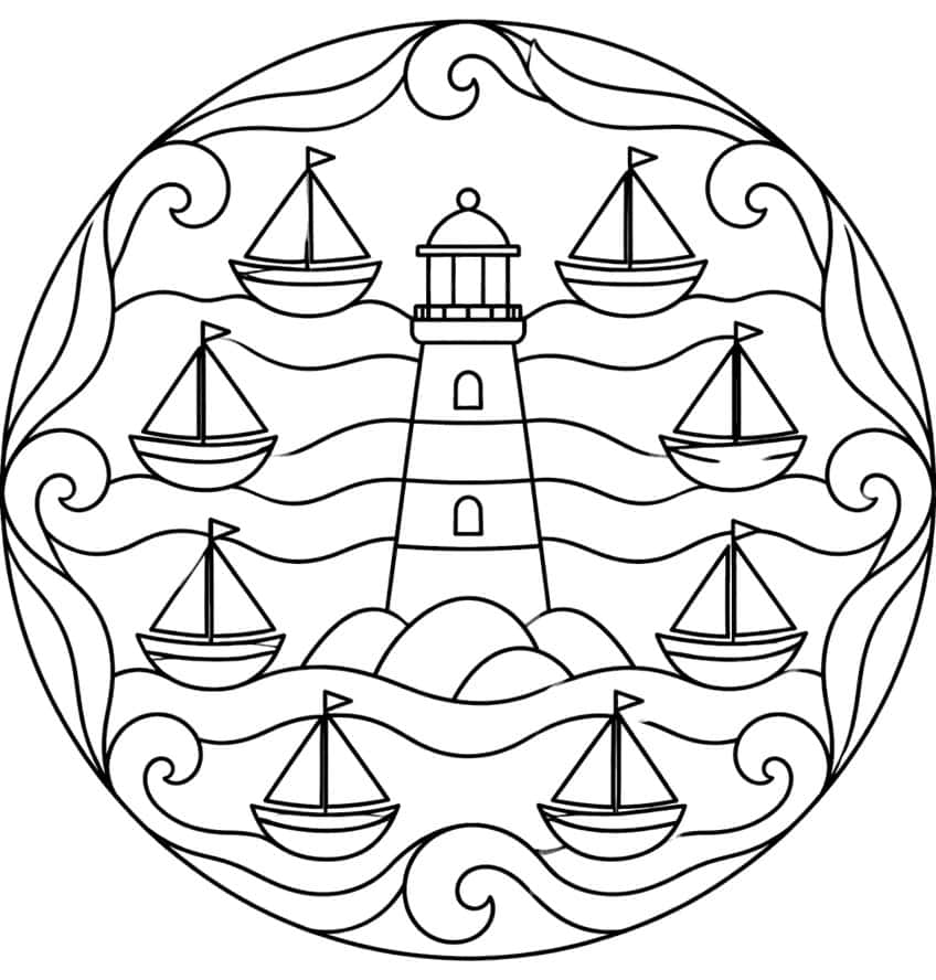 Mandala mit Leuchtturm, acht Segelbooten, Wellenlinien und Spiralen im Kreis