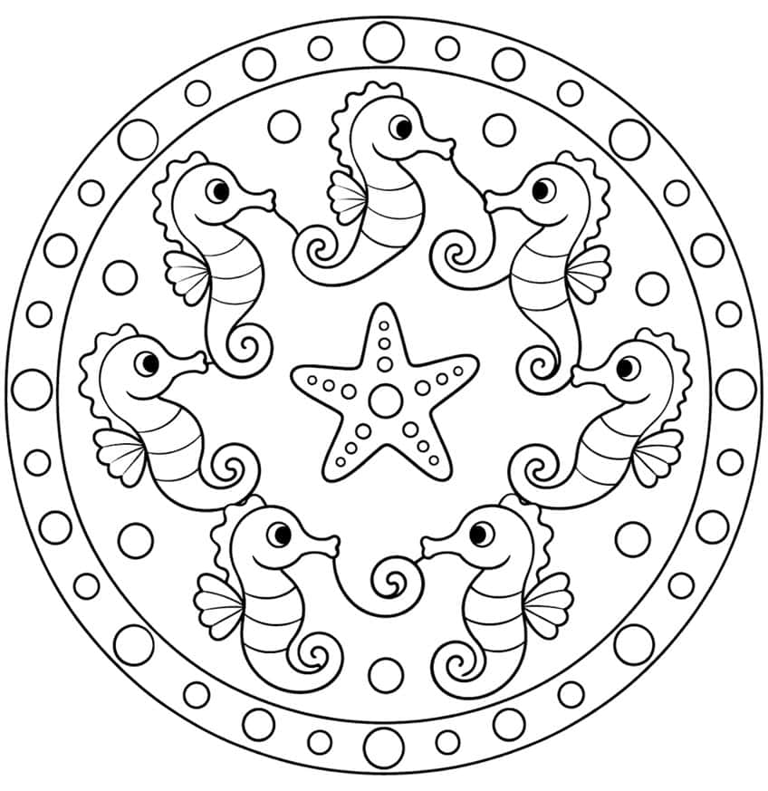 Mandala mit sieben Seepferdchen im Kreis um einen Seestern, umgeben von Blasen und Kreislinien