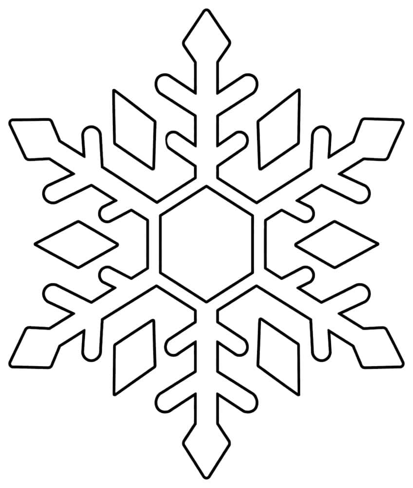Schneeflocke mit Sechseck in der Mitte, sechs Armen mit Seitenzweigen und sechs Rauten