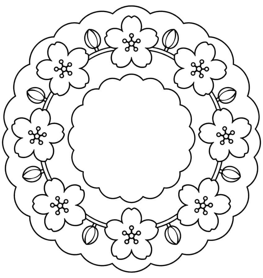 Mandala mit acht Kirschblüten, acht Knospen, gewelltem Außenrand und leerem Mittelfeld