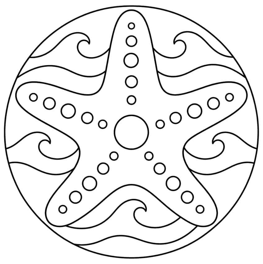 Seestern mit Punktereihen auf den Armen, umgeben von Wellen mit Spiralen in einem Kreis