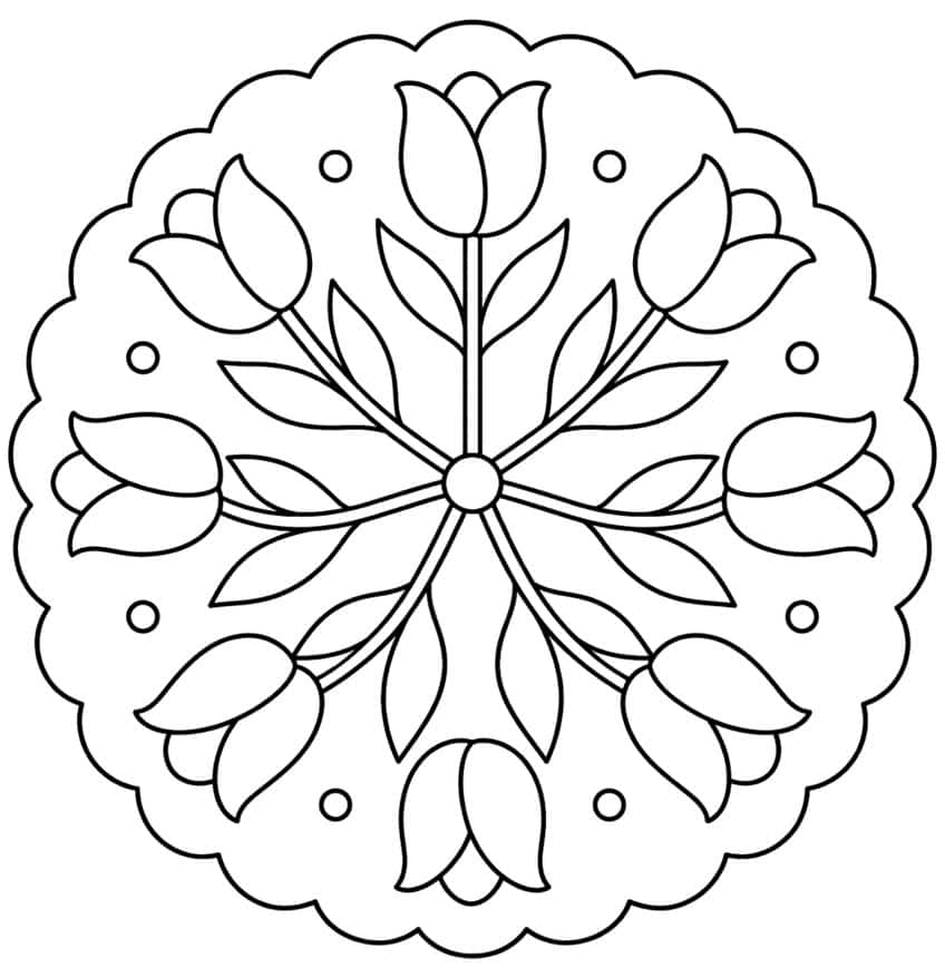 Mandala mit sechs Tulpen, Stielen und Blättern um einen Mittelkreis, kleine Kreise, Wellenrand
