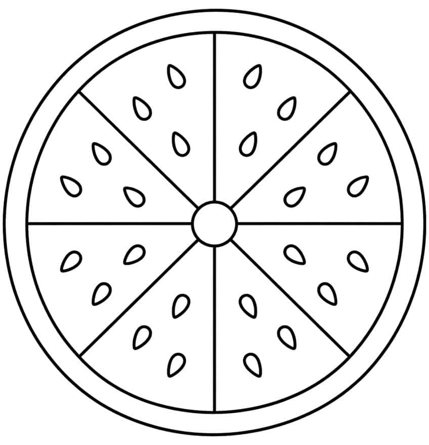 Wassermelonenscheibe als Mandala mit acht Spalten, 24 Kernen, Mittelkreis und Schalenring