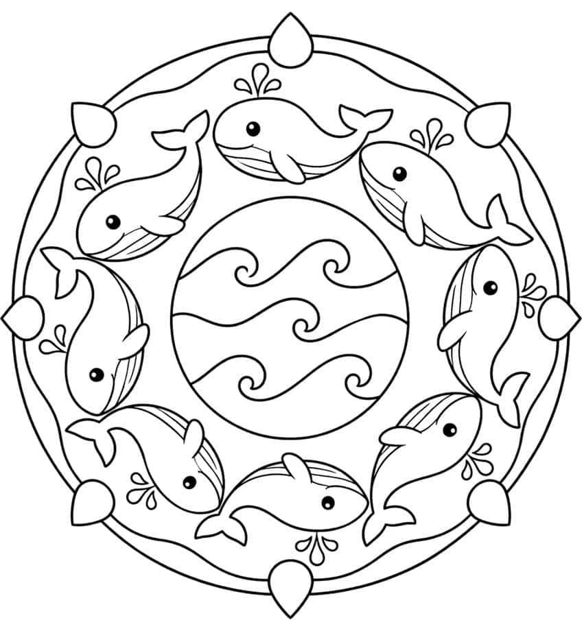 Kreismandala mit acht Walen, Wasserfontänen, Wellen in der Mitte und Tropfenformen am Rand
