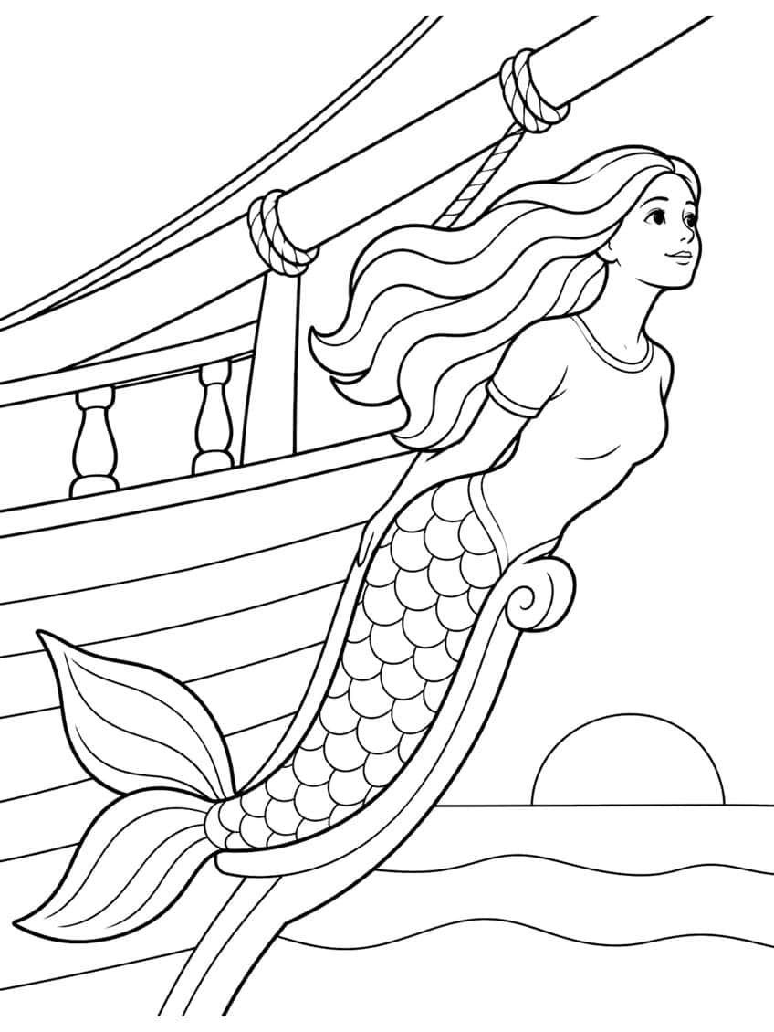 Meerjungfrau als Galionsfigur an einem Segelschiff mit Tauknoten, Geländer, Sonne und Wellen