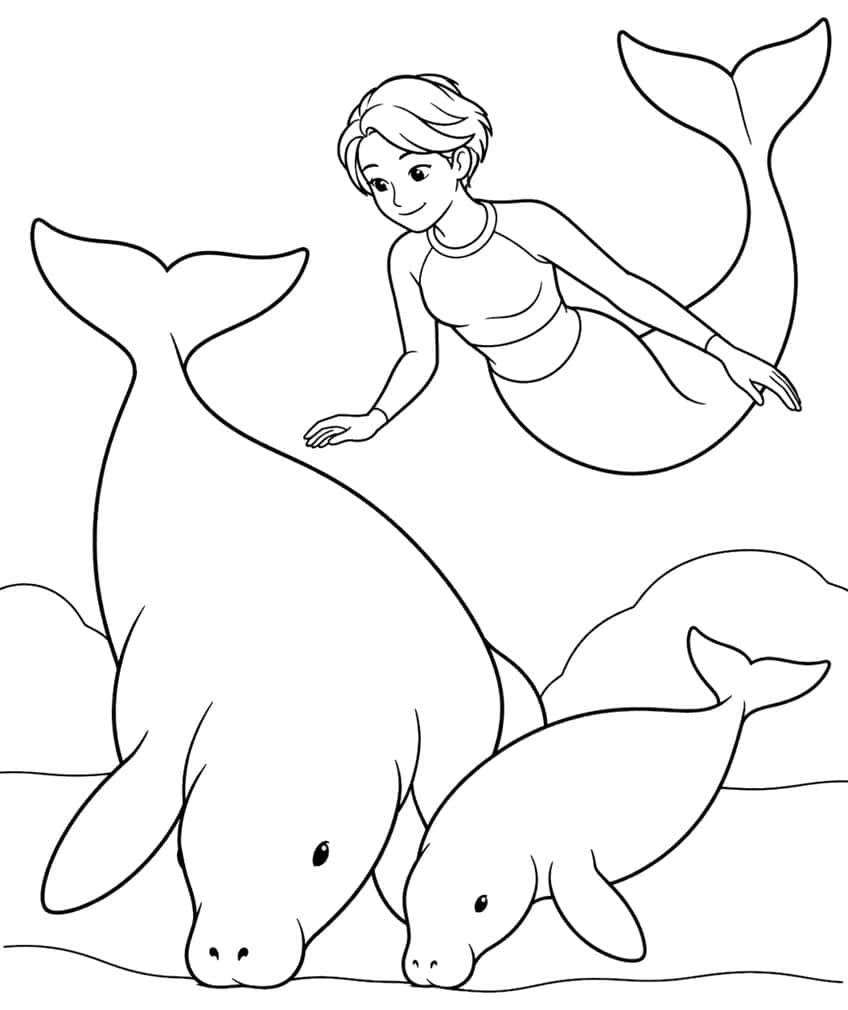 Meerjungfrau mit Kurzhaarschnitt schwebt über einem großen und einem kleinen Dugong am Meeresboden