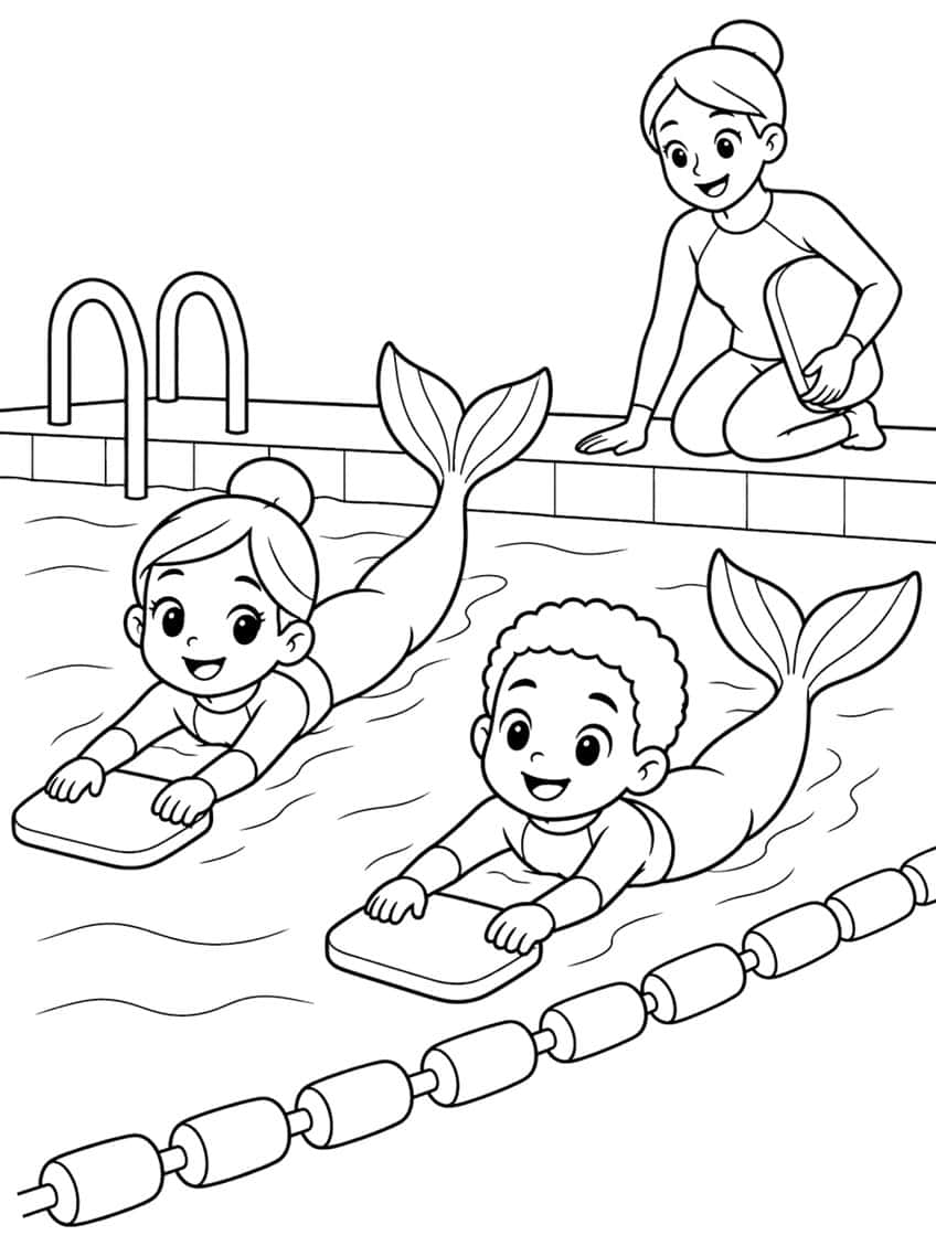 Zwei Meerjungfrau-Kinder mit Schwimmbrettern im Becken, Lehrerin am Rand, Leiter und Leinen mit Schwimmkörpern