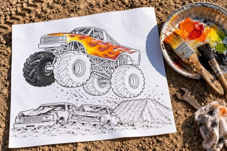 monster truck coloring page partly colored in with pencils