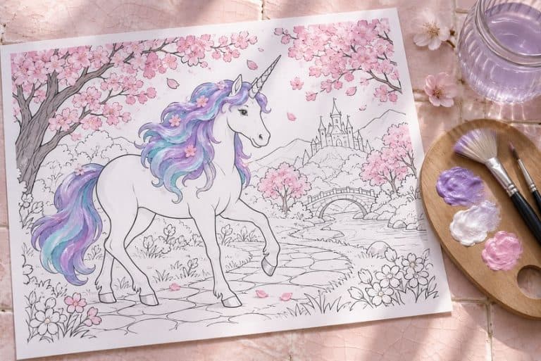 unicorn coloring page partly colored in with pencils