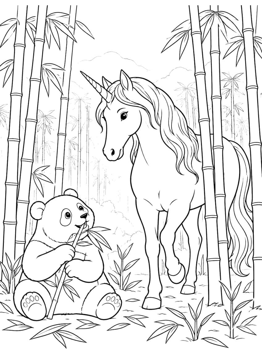 Unicorn watching a panda eat bamboo among tall bamboo stalks, leaves and young shoots