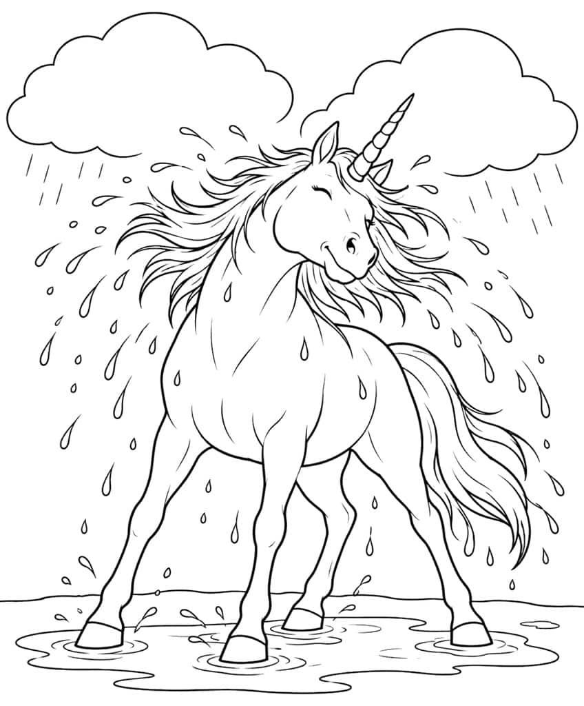 Unicorn shaking its wet mane in a puddle under two rain clouds, with flying water droplets