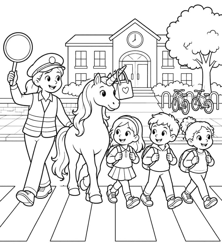 Crossing guard with stop sign, unicorn and three children with backpacks on a crosswalk in front of a school