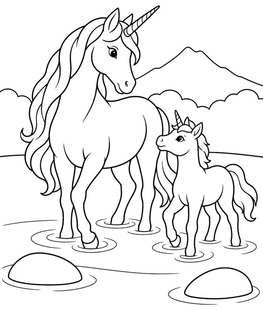 Large unicorn and small foal wading in a river with ripples, two boulders and a mountain behind