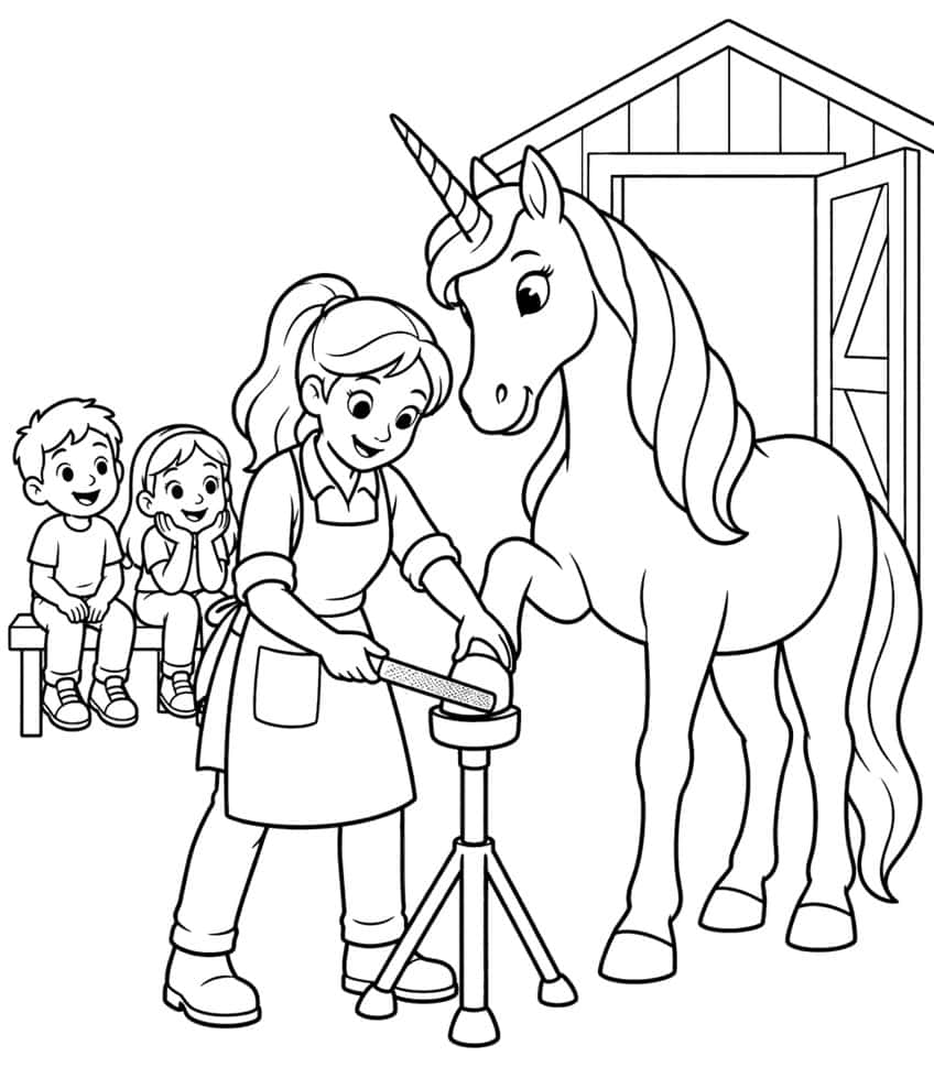 Farrier filing a unicorn's hoof on a stand, two children on a bench, barn behind