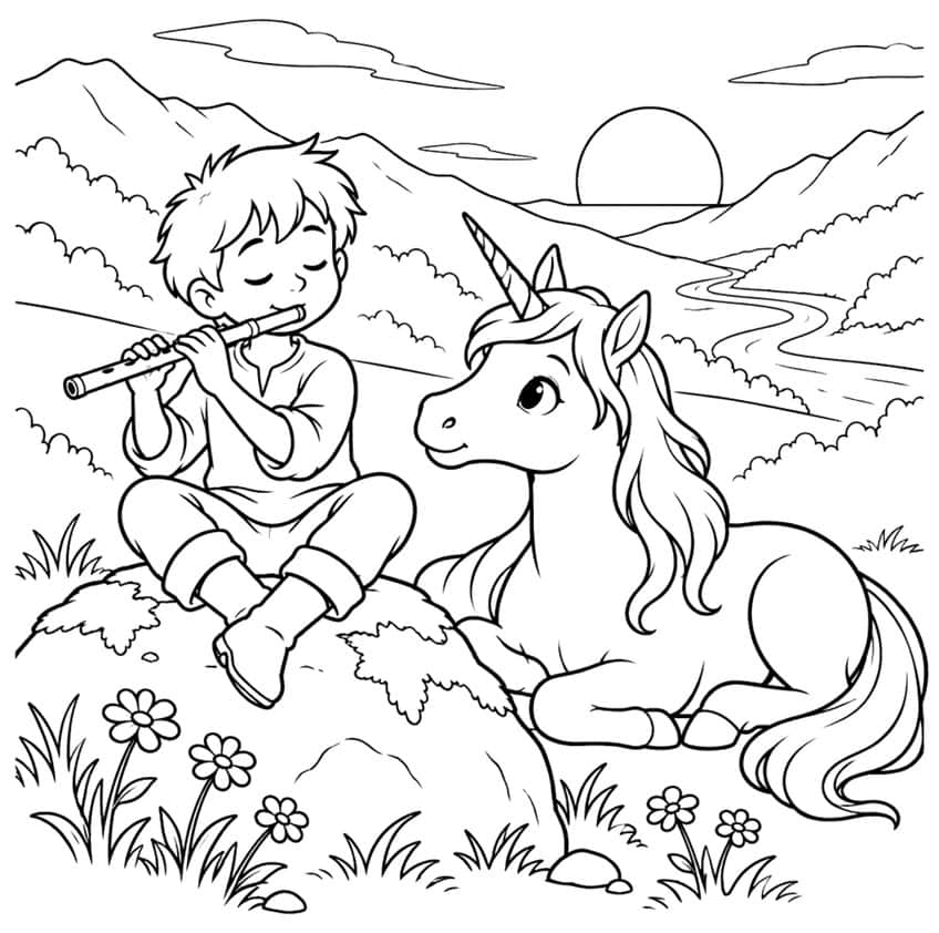 Boy playing a flute on a mossy rock beside a lying unicorn, with river, hills, sun and daisies