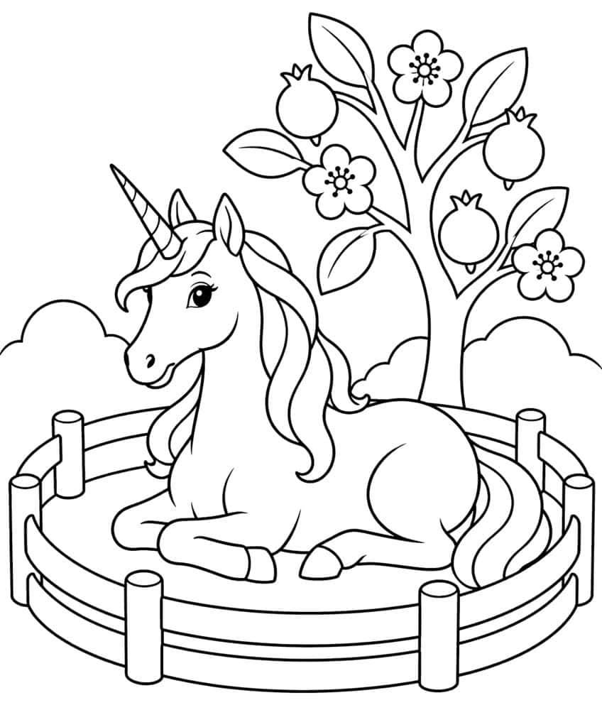 Unicorn lying in a round wooden fence beside a pomegranate tree with flowers