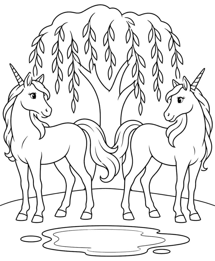 Two unicorns stand tail to tail under a weeping willow with a puddle in front