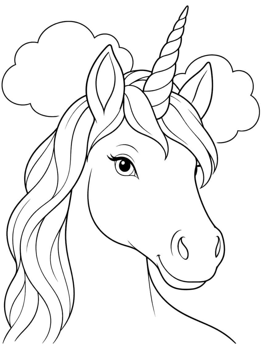 Smiling unicorn head with spiral horn, long wavy mane and two clouds behind