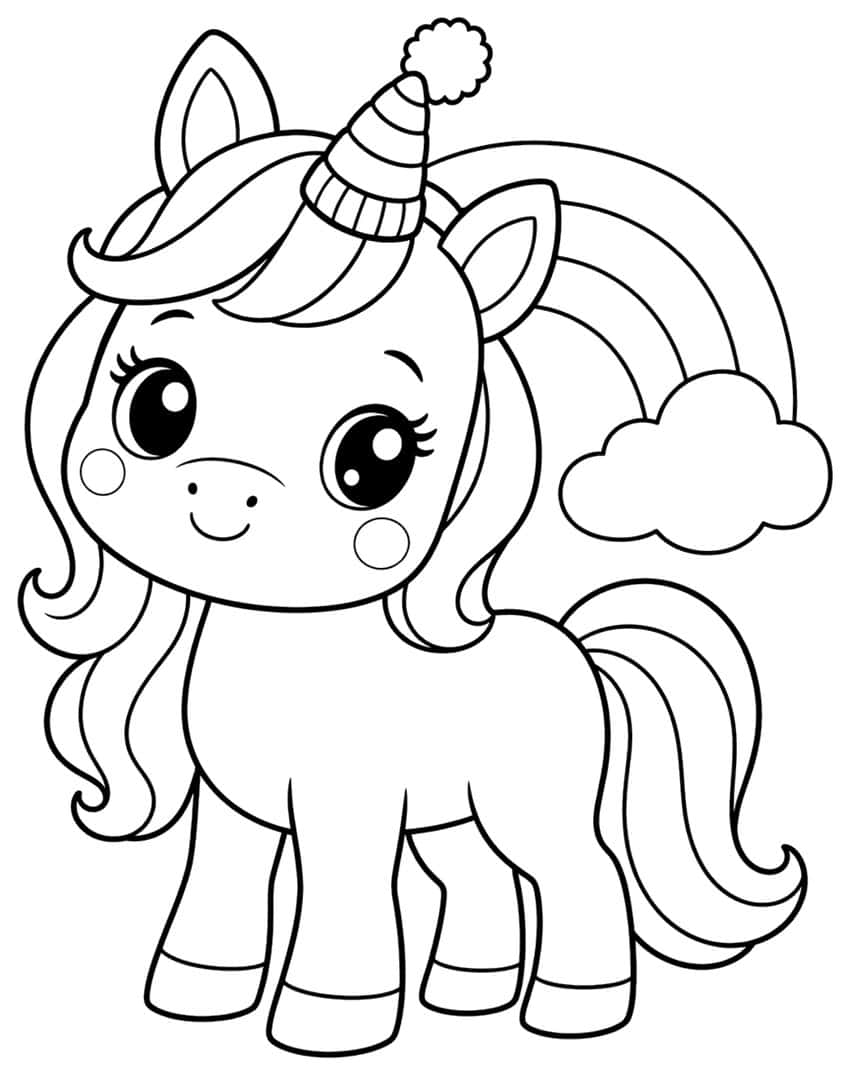 Cute baby unicorn with a pom-pom horn warmer, long wavy mane and tail, and a rainbow with a cloud