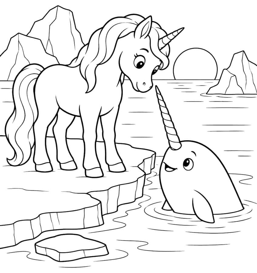 Unicorn on an ice floe greeting a smiling narwhal, with icebergs and a low sun behind