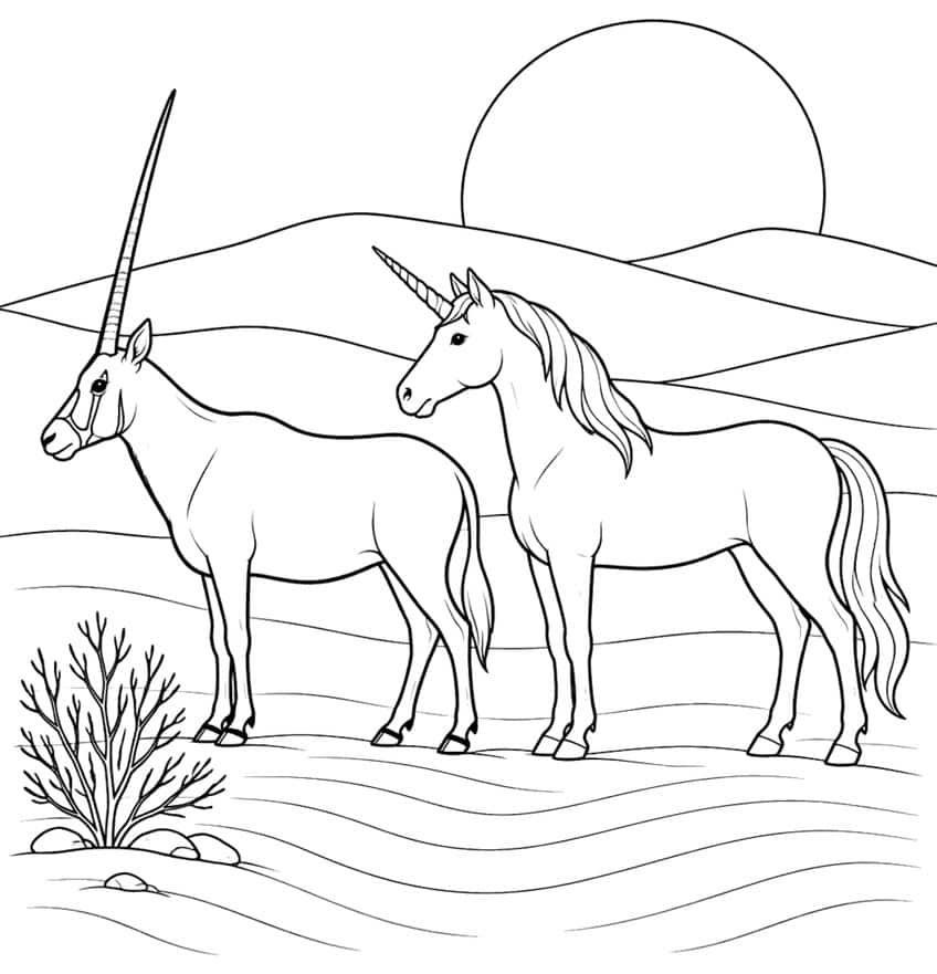 Oryx and unicorn standing in desert dunes with a big sun, a bare shrub and stones